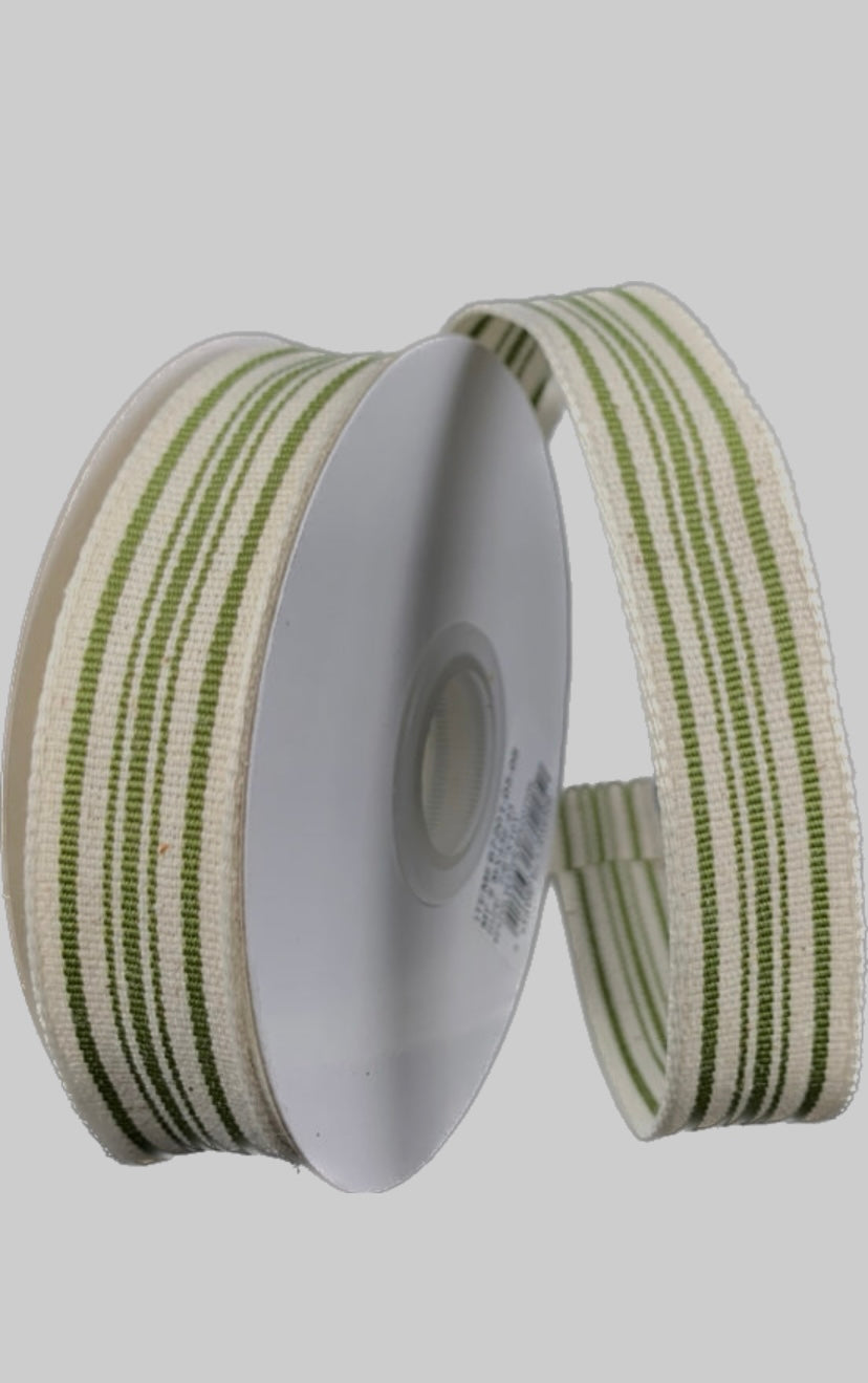 Wired Ivory Moss Woven French Stripes Ribbon- 7/8”x10 Yards
