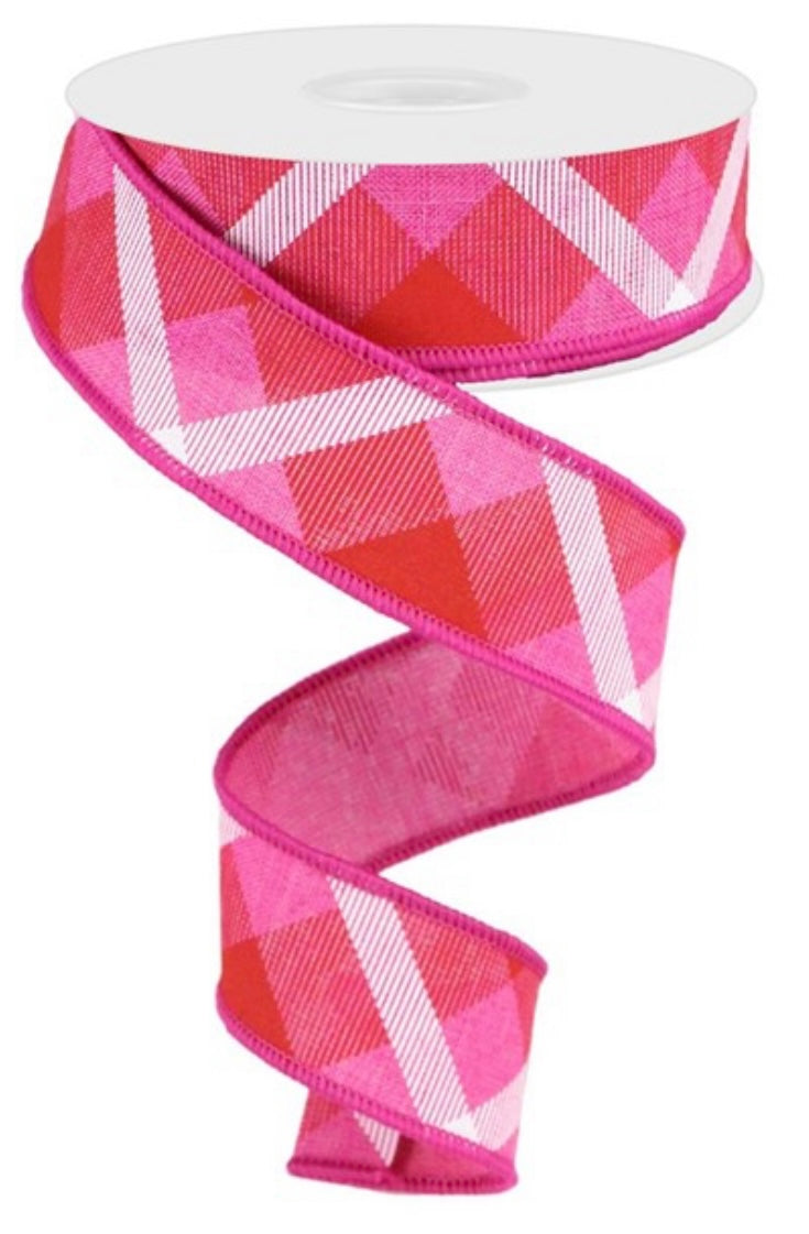 10 Yard - 1.5” Wired Printed Plaid On Royal Fuschia/Red and White Ribbon