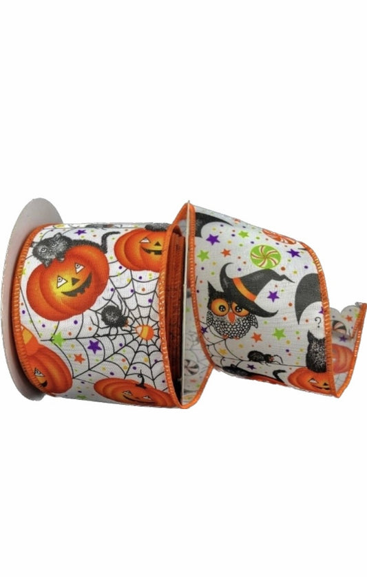 Wired Black Jack-o-lantern, Owls, Cats and Spiders Whimsical Halloween Ribbon-2.5”x 10 Yards