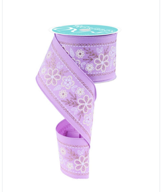 10 Yards - 2.5” Wired Purple and White Floral Ribbon