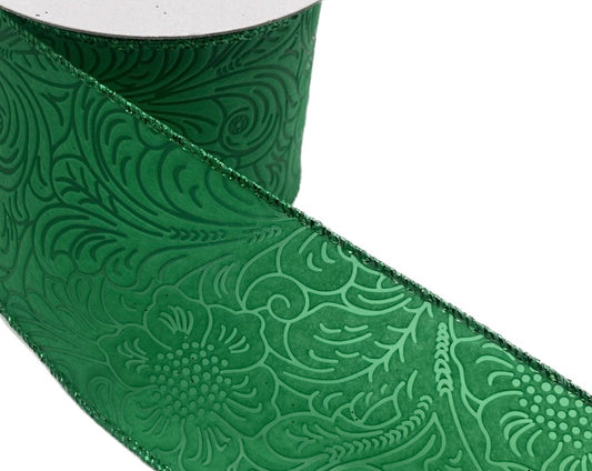 10 Yards - 2.5" Wired Emerald Green Floral Design Embossed Ribbon