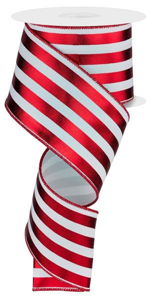 10 Yard - 2.5” Wired Red and White Metallic Vertical Stripe Ribbon