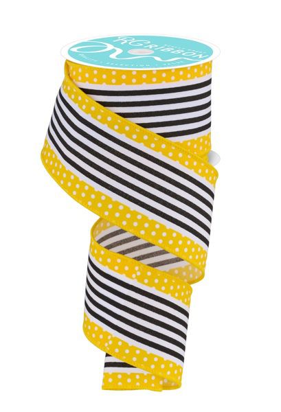 10 Yards - 2.5" Black Stripes and Polka Dots on Yellow Ribbon