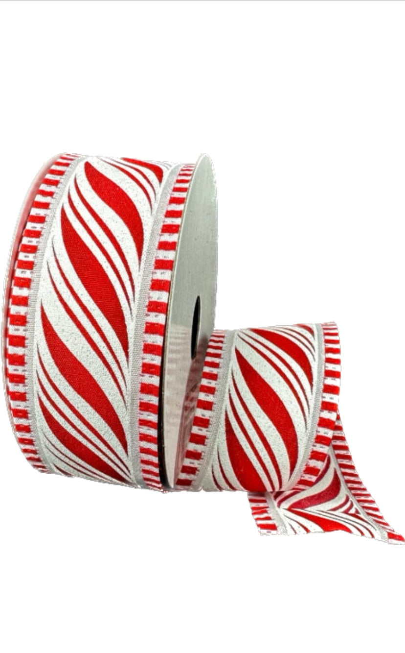 Wired Satin Peppermint Swirl Dash Edge Ribbon- 1.5”x10 Yards