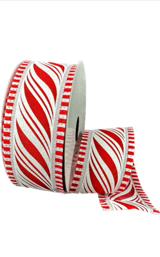 Wired Satin Peppermint Swirl Dash Edge Ribbon- 1.5”x10 Yards