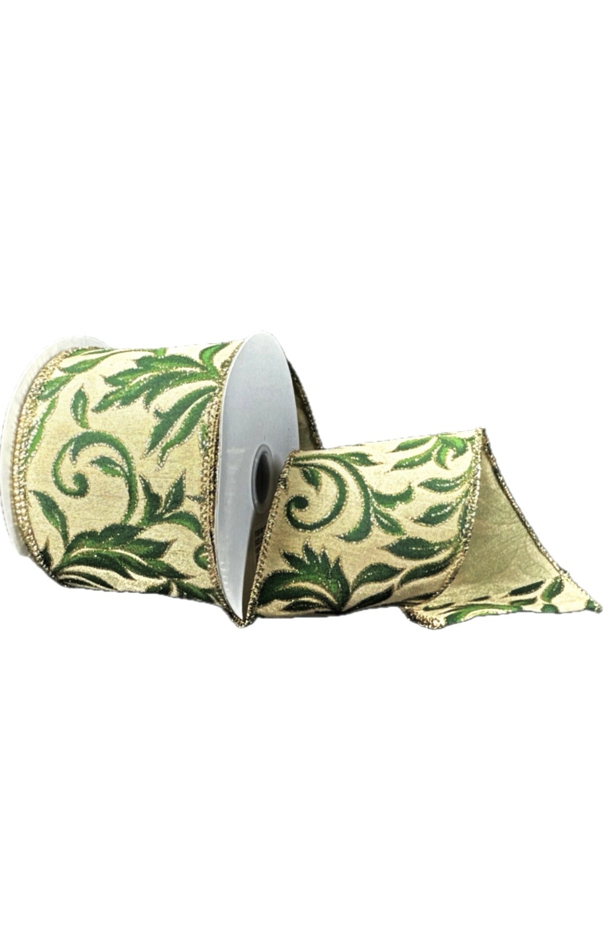 Wired Gold Dupioni Dark Green Vine Swirls Ribbon-2.5”x10 Yards