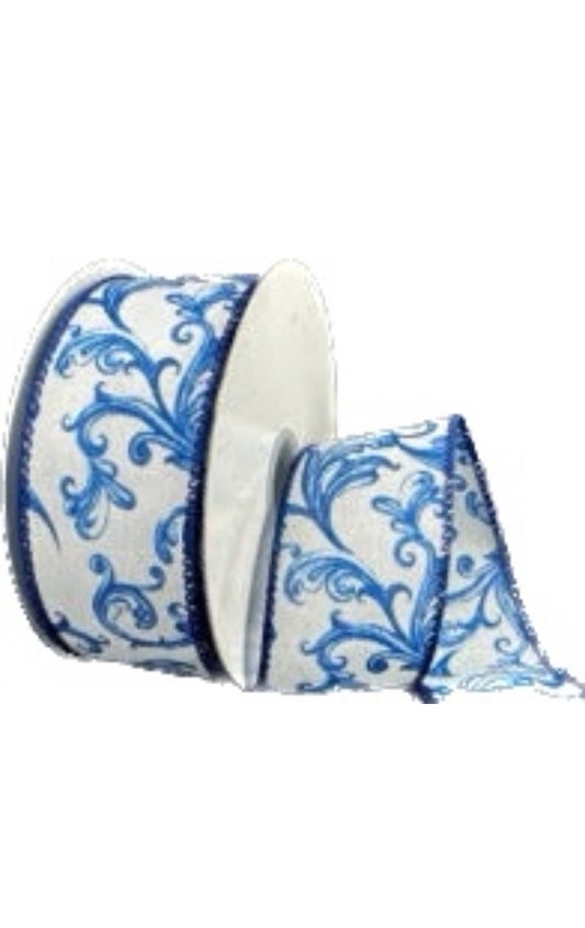 Wired White Satin Blue Chinoiserie Swirls Ribbon- 1.5”x10 Yards