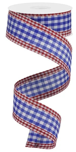 Wired Patriotic Red White and Blue Check Ribbon with Check Edge- 1.5”x 10 Yards