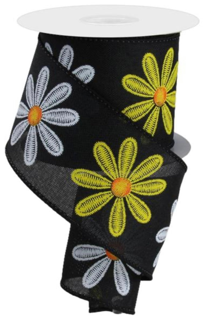 2.5”x 10 Yards Wired Faux Embroidered Daisy Ribbon