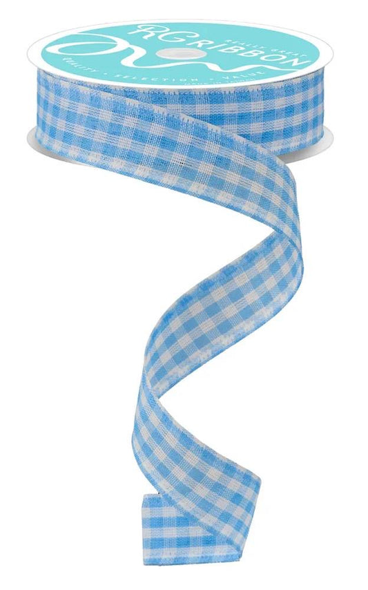 Wired Light Blue and White Gingham Ribbon-7/8”x10 Yards