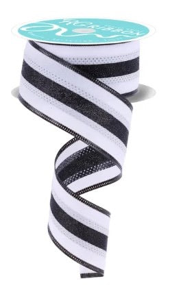 10 Yards - 1.5" Wired White and Black Stripe Ribbon