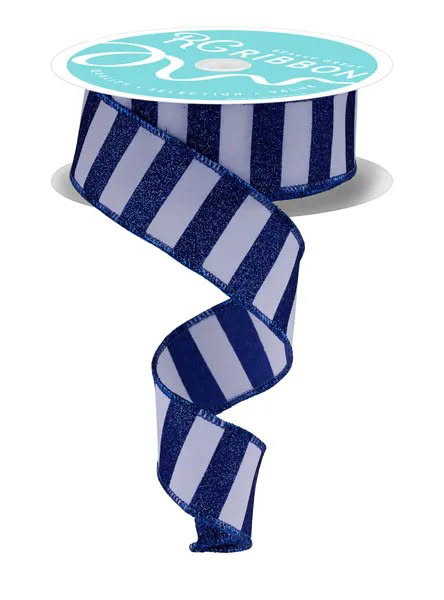 Wired White and Royal Horizontal Stripe Glitter Accent Ribbon- 1.5”x10 Yards