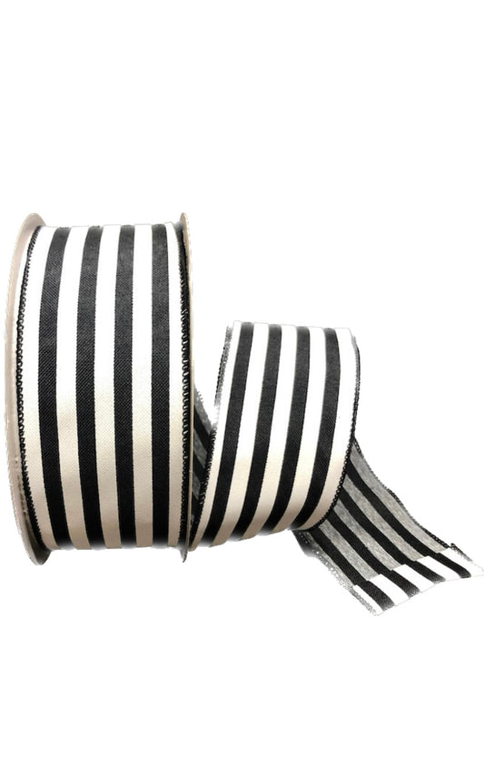 50 Yards - 2.5” Wired Black and White Stripe Ribbon