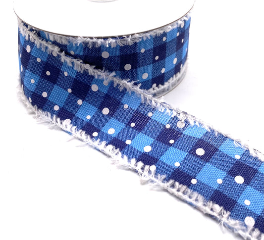 10 Yards - 1.5” Wired Printed Blues Cabin Snowy Plaid Snow Edge Ribbon