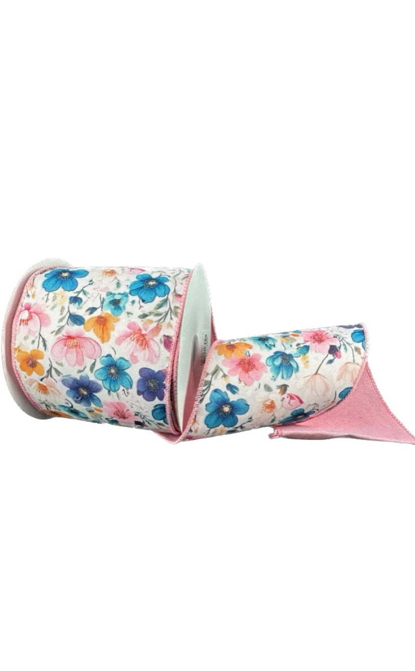 Wired Double Sided Teal-Pink Rust Flowers Blush Linen Back Ribbon- 4”x10 Yards