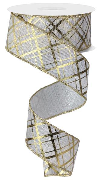 10 Yards - 1.5” Wired Silver and Gold Diagonal Lines Metallic Ribbon