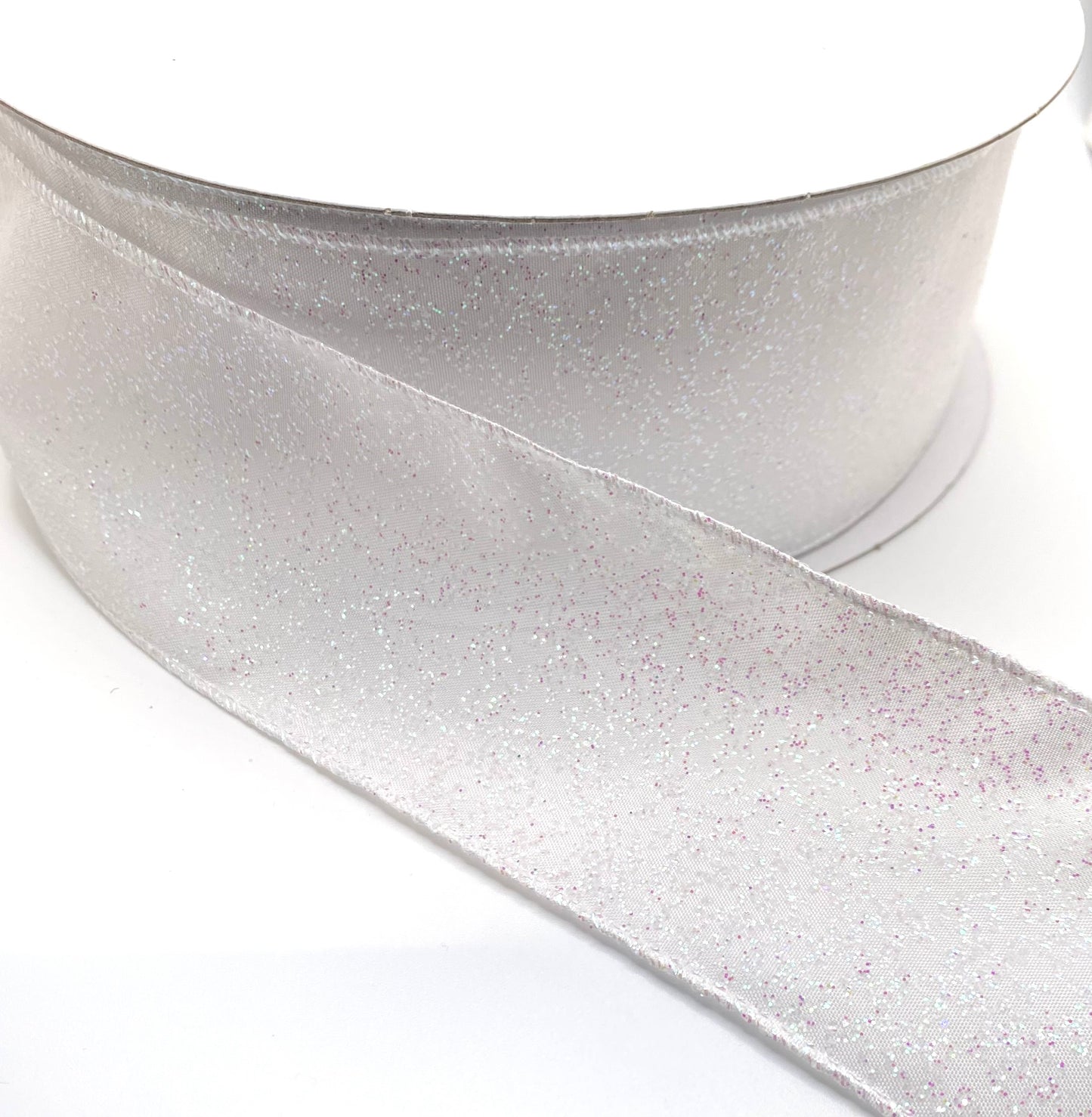 50 Yards - 2.5” Wired Satin White with Pink Glitter Ribbon