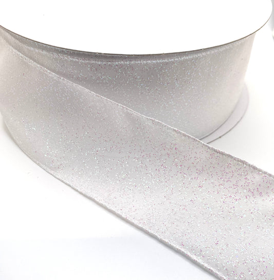 50 Yards - 2.5” Wired Satin White with Pink Glitter Ribbon