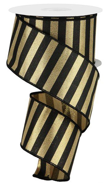 10 Yards - 2.5” Wired Black and Gold Horizontal Stripes Ribbon