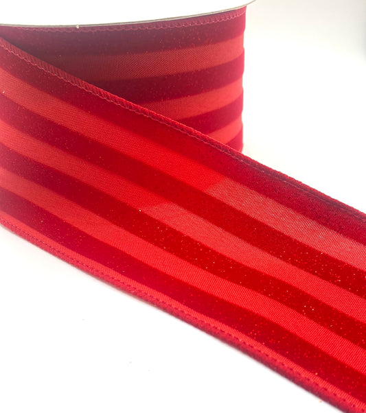 10 Yards - 2.5” Wired Red on Red Glitter Cabana Strip Ribbon