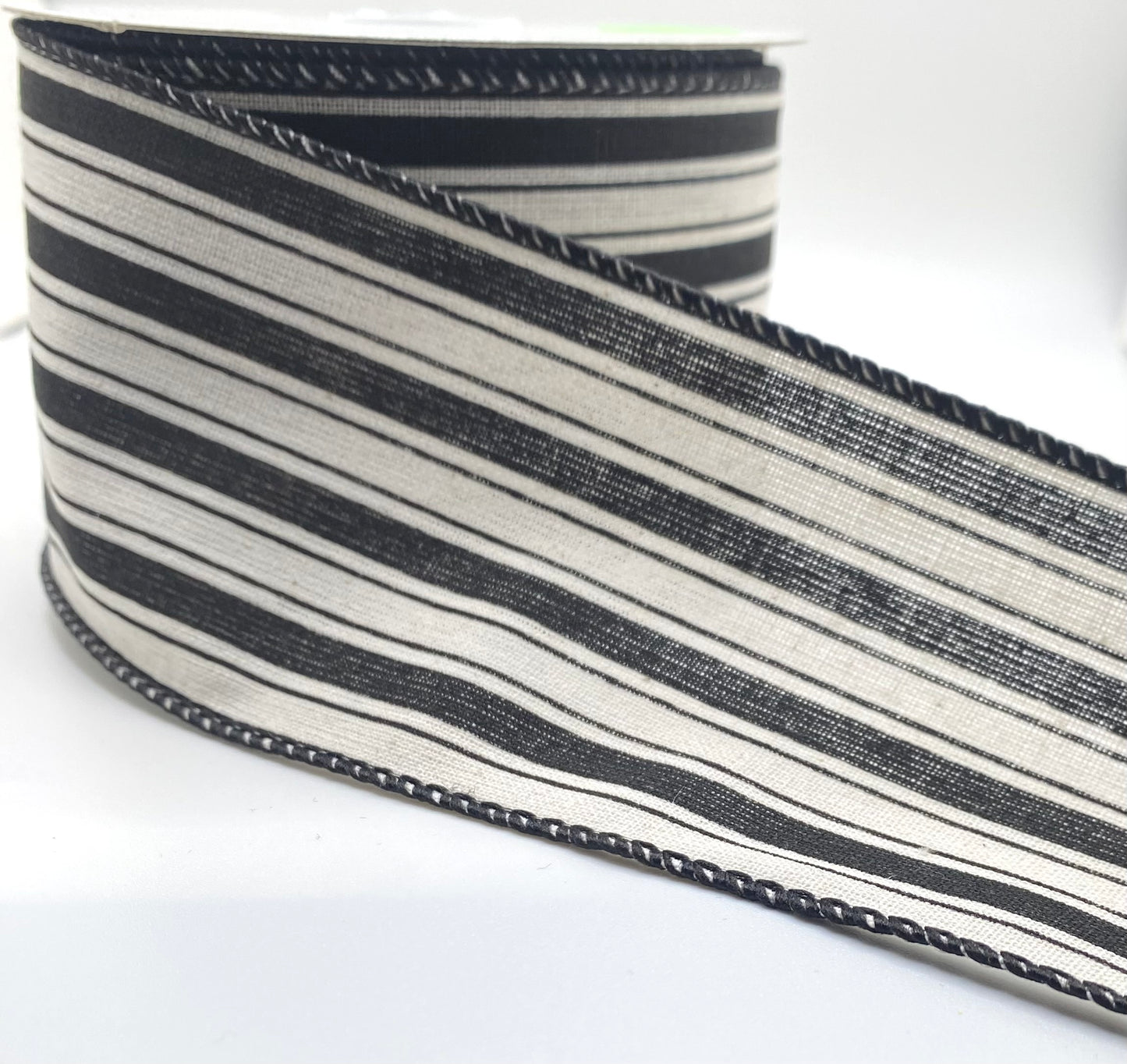 10 Yards - 2.5” Woven Ivory Canvas Black Stripe Ticking Ribbon