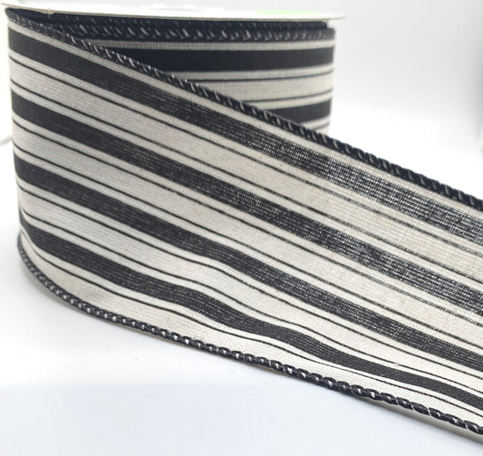 10 Yards - 2.5” Woven Ivory Canvas Black Stripe Ticking Ribbon