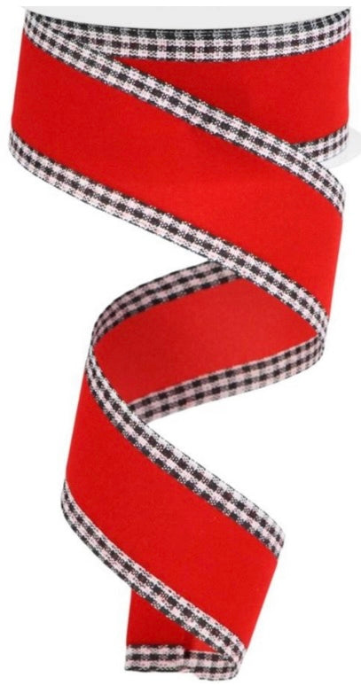 Red Velvet Christmas Ribbon with Black and White Gingham Edge-1.5”x10 Yards