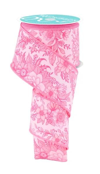 Wired Pink and White Flower Ribbon- 2.5”x10 Yards