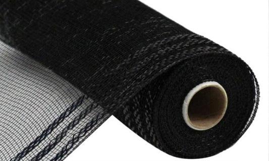 10”x10yd Black with Black Foil Border Stripe Metallic Mesh