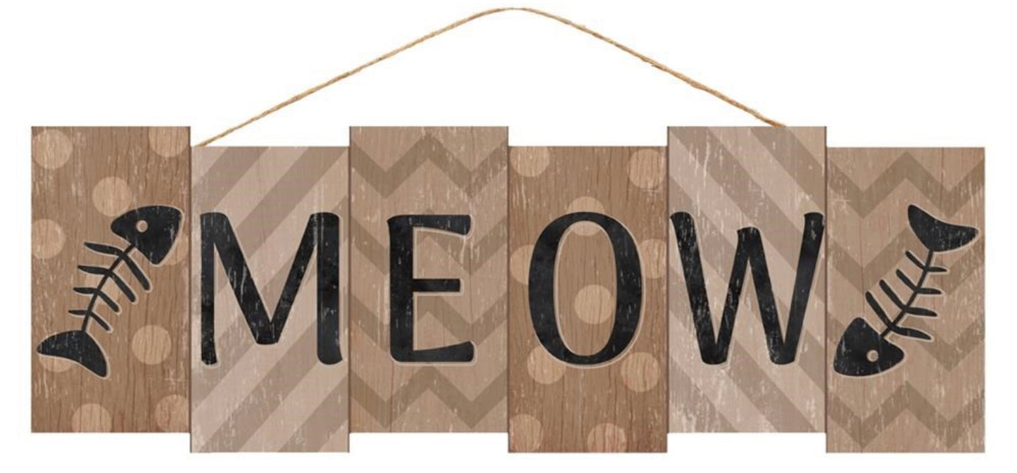 14”x4.75” Meow Fish Bone Cat Wreath Sign