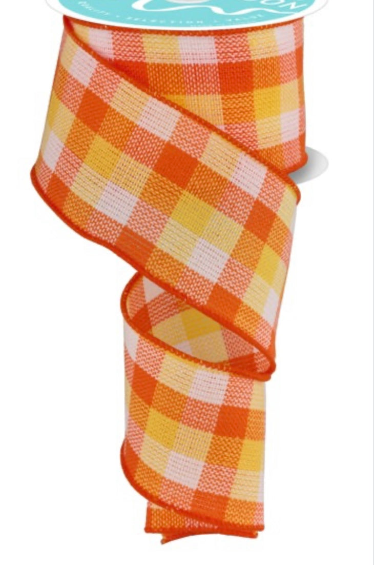 10 Yards - 2.5" Wired Orange, Yellow, and White Woven Check Fall Ribbon