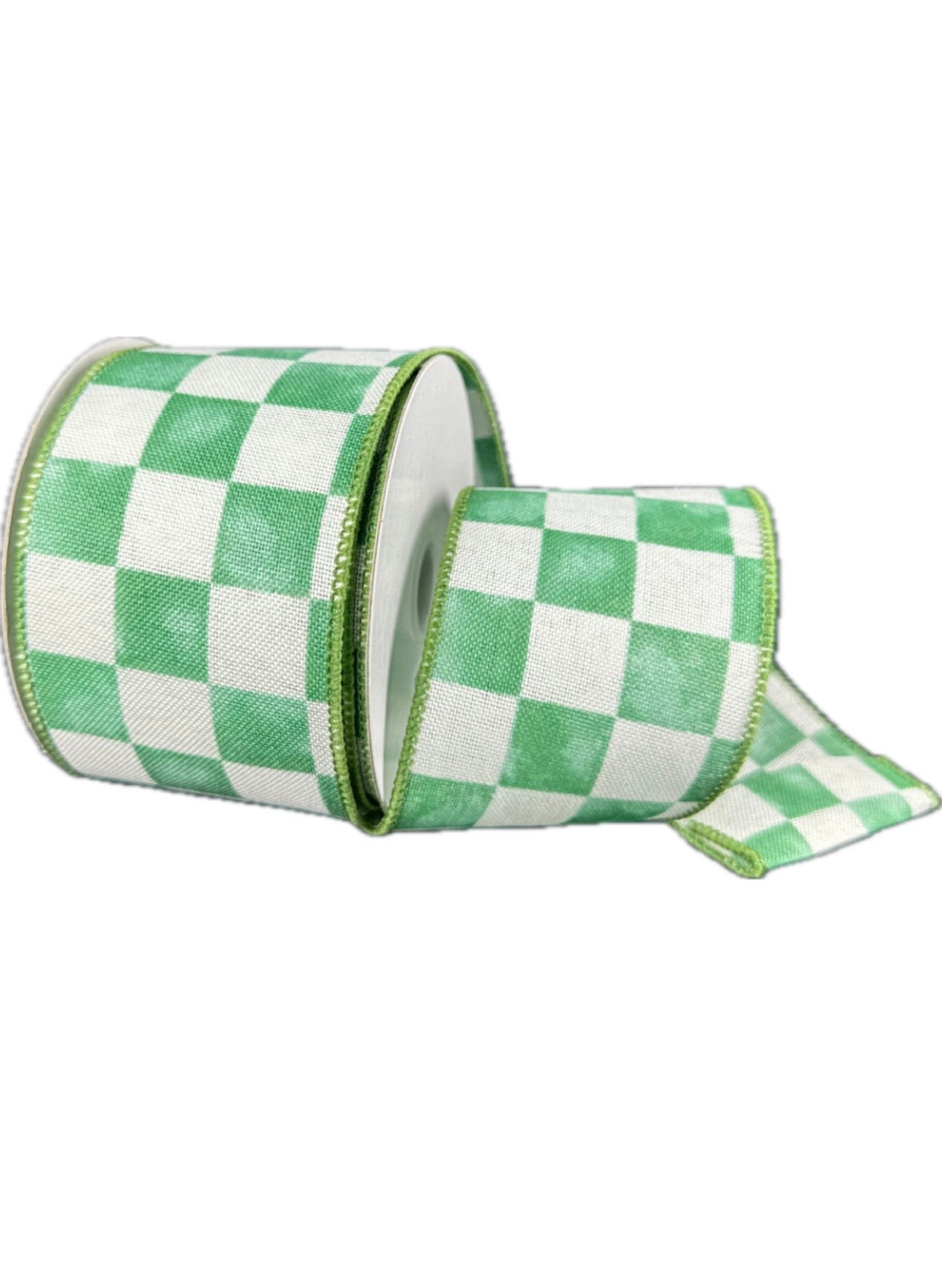 Wired Ivory Linen and Sage Green Watercolor Check Ribbon- 2.5” x 10 Yards