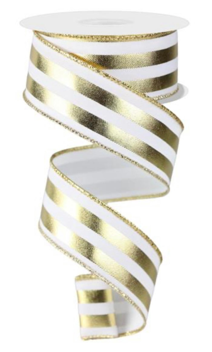 10 Yard - 1.5” Wired Gold and White Metallic Vertical Stripe Ribbon