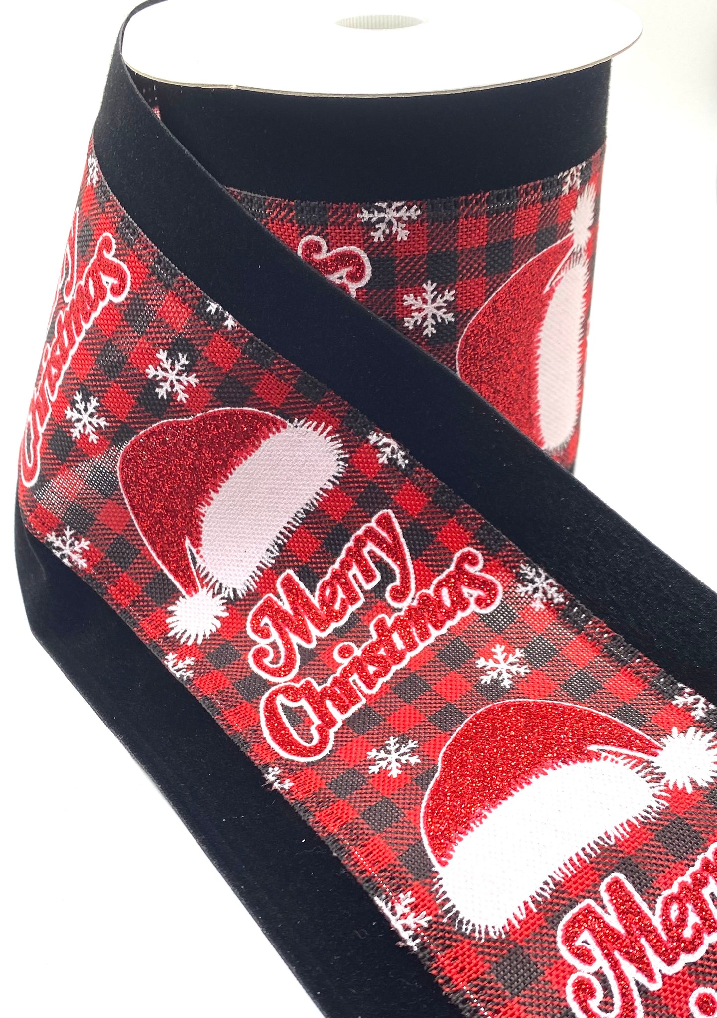 10 Yards - 4” Wired Red and Black Check Merry Christmas Holiday Hat Black Velvet Edge Ribbon