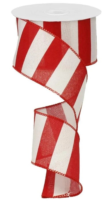 10 Yards - 2.5" Wired Red and Off-White Stripe Ribbon