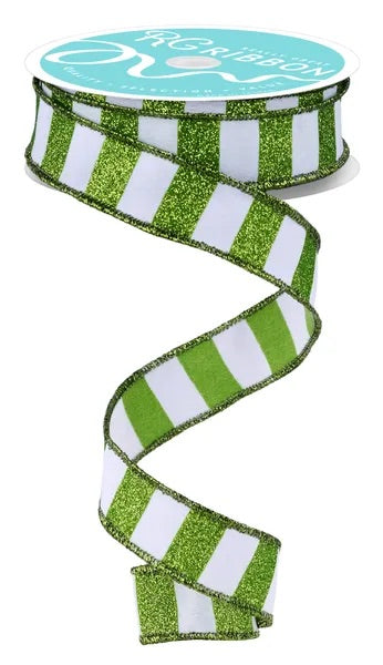 Wired Lime Green and White Horizontal Stripes Ribbon- 7/8”x 10 Yards