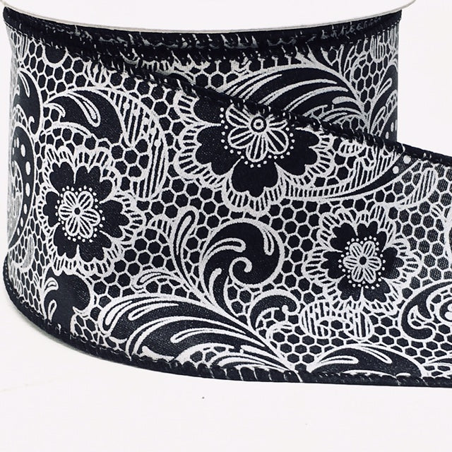 10 Yards - 2.5” Wired Black and White Floral Paisley Ribbon