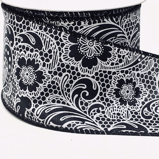 10 Yards - 2.5” Wired Black and White Floral Paisley Ribbon