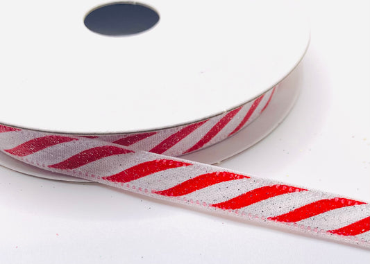 10 Yards - 3/8” White Satin Candy Cane Stripe Glitter Ribbon