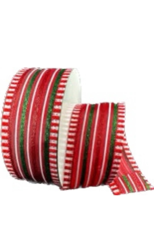 Wired Red Satin Red and Green with Dash Edge Ribbon- 1.5”x10 Yards