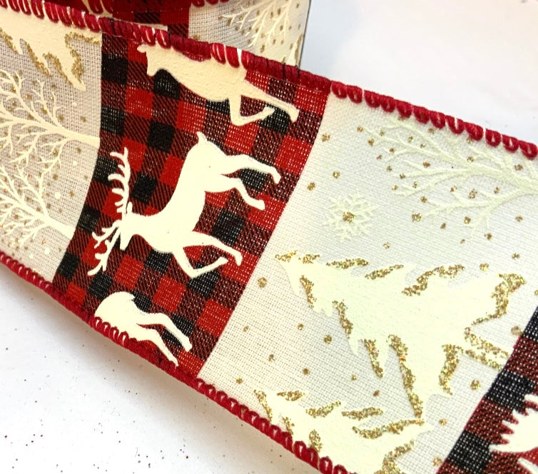 10 Yards - 2.5" Wired Red and Black Check Bear, Tree and Deer Ribbon