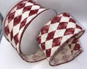 2.5" Wired Cream and Dark Red Harlequin Ribbon - Fall Ribbon - Christmas Ribbon - Quality Ribbon  - 10 Yards