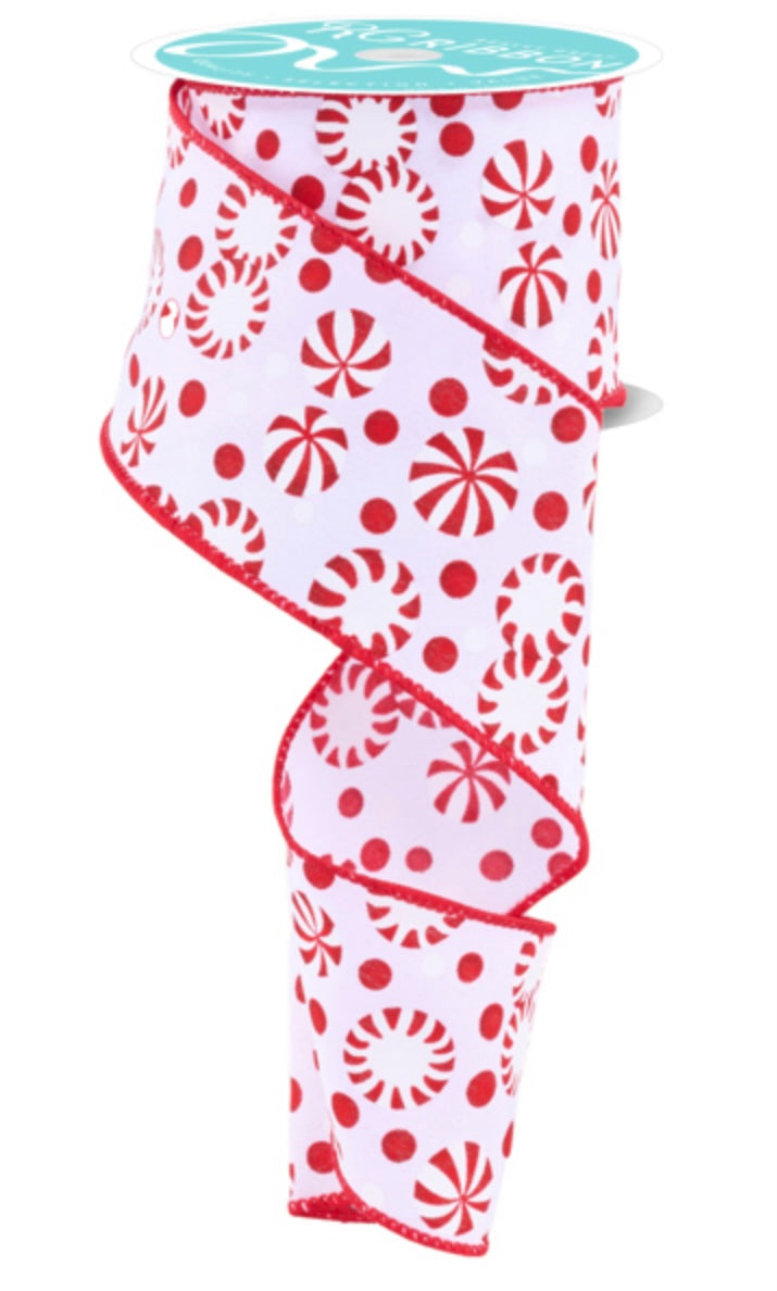 10 Yards - 2.5” Wired Red and White Peppermint Candy Ribbon