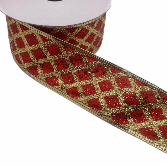 10 Yards - 2.5" Wired Red Satin with Gold Glitter and Gold Metallic Edge Ribbon