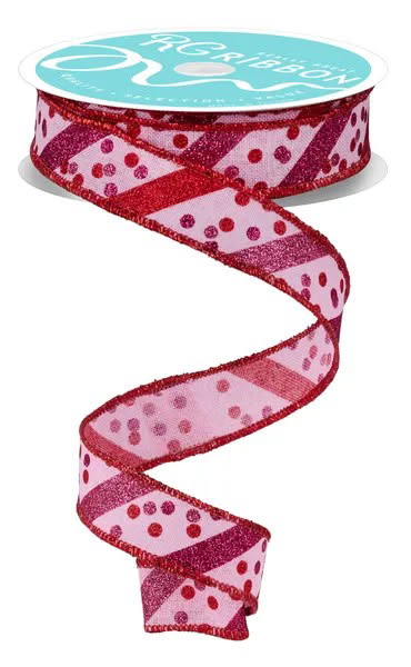 Wired Red and Pink Glitter Stripe Confetti Dot Ribbon- 7/8”x10 Yards
