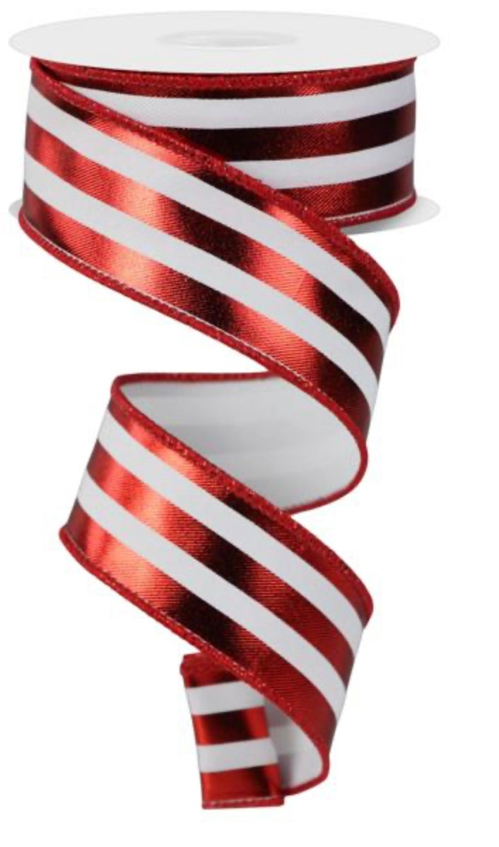 10 Yard - 1.5” Wired Red and White Metallic Vertical Stripe Ribbon