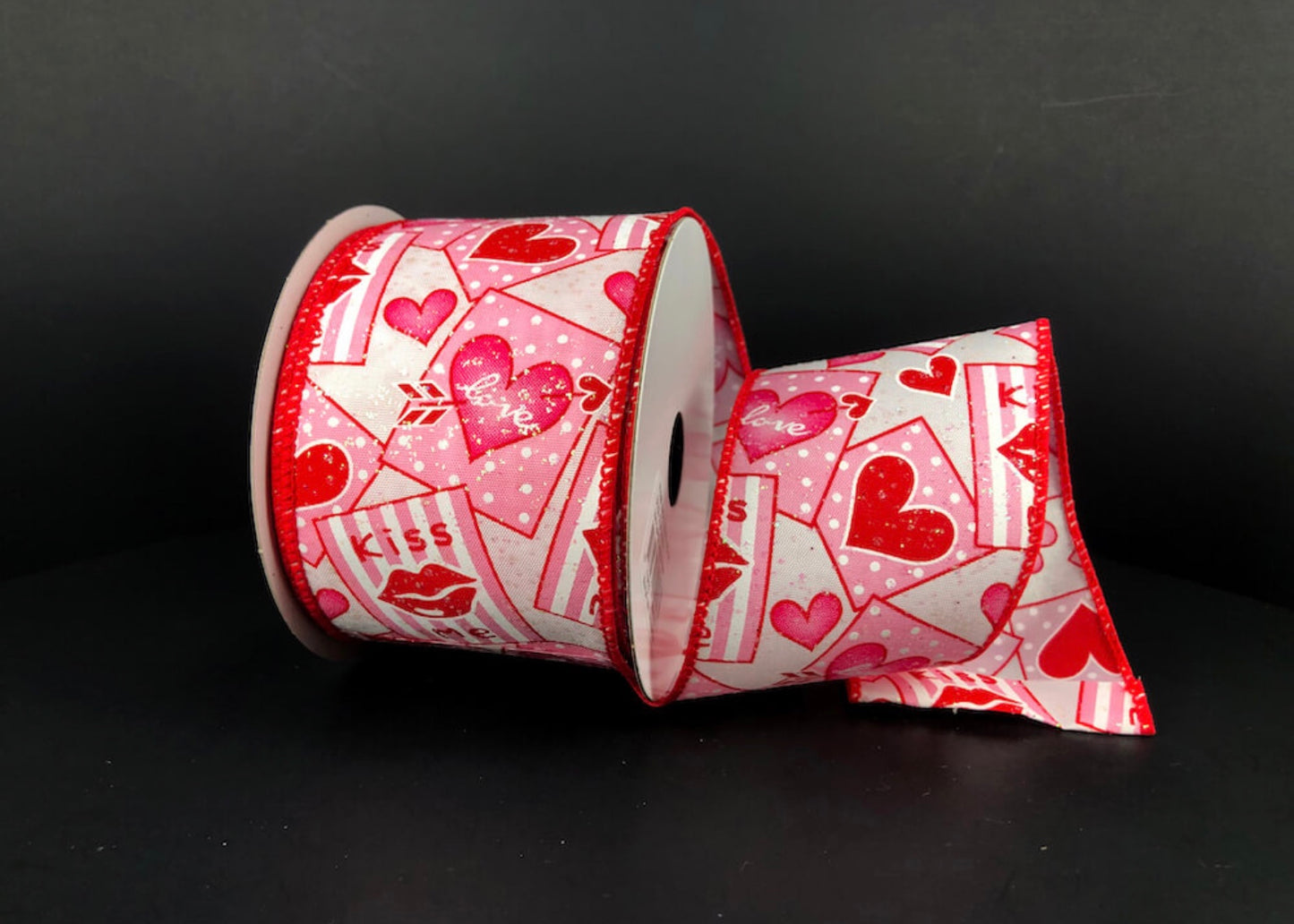 10 Yards - 2.5” Wired Pink, Red, and White Love Heart Valentines Day Ribbon with Glitter Accent