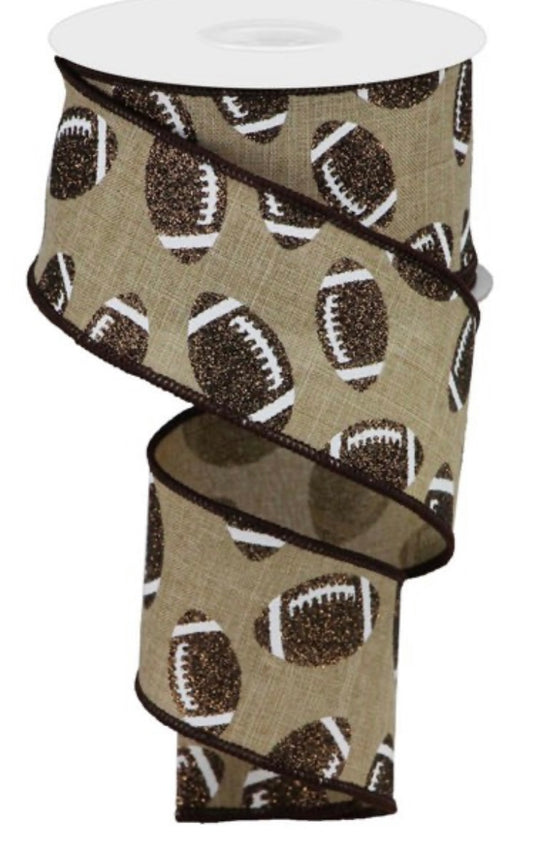 10 Yards - 2.5" Wired Natural Background Football Ribbon with Glitter Accent