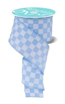 Wired Light Blue and White Print Glitter Check Ribbon- 2.5”x10 Yards