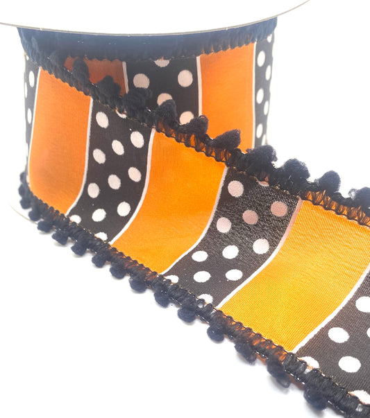 10 Yards - 2.5" Wired Orange Linen Black White Dot Stripes Black Puff Edge Ribbon